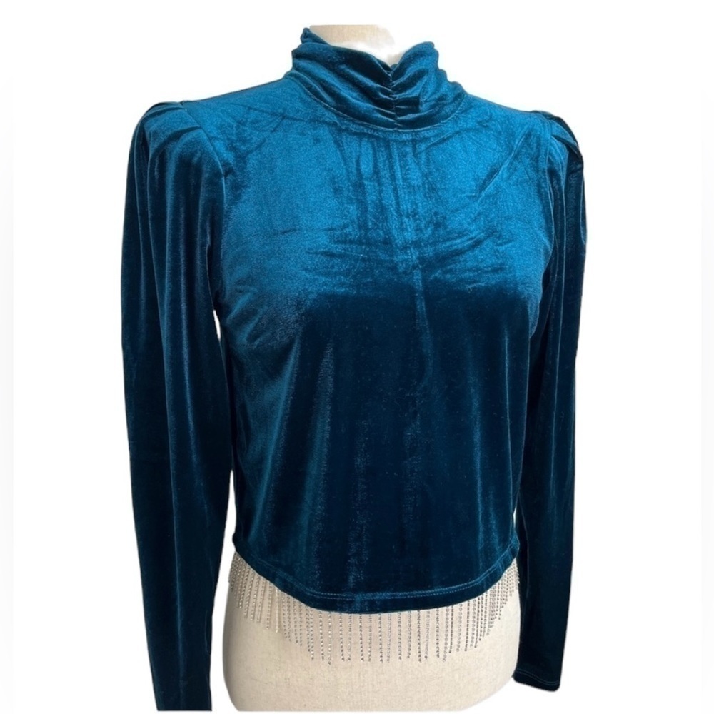 Joie Blue Velvet Mock Neck Long Sleeve. Silver Bead Fringe. Size SP. #595 NWT